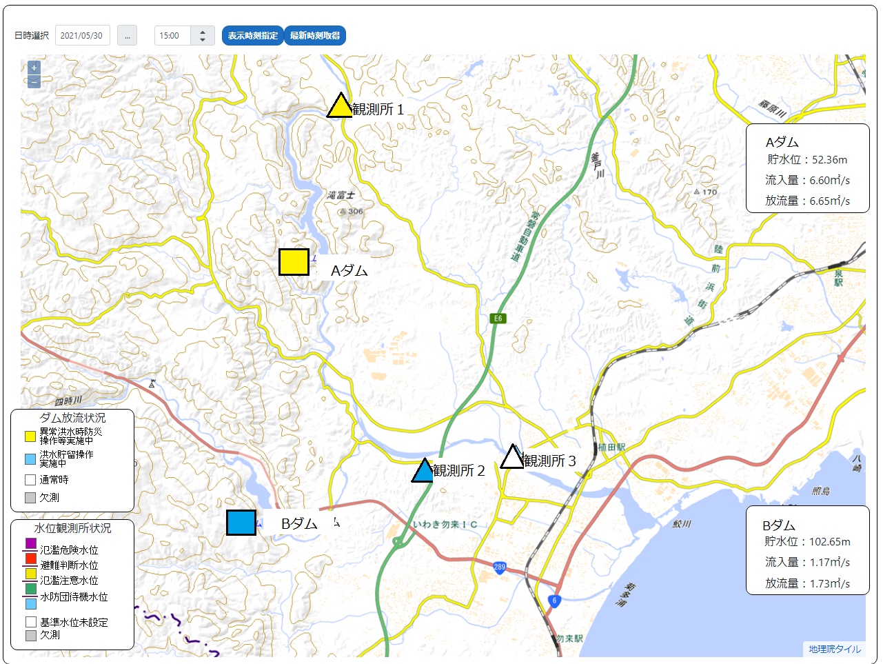 地図と連携した画面の例 （観測値の表示）